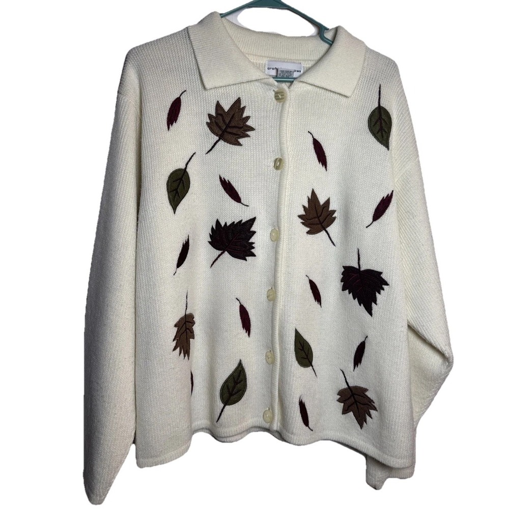 Vintage Croft & Barrow‎ Fall Leaf Sweater XL Cream Embroidered Hong Kong